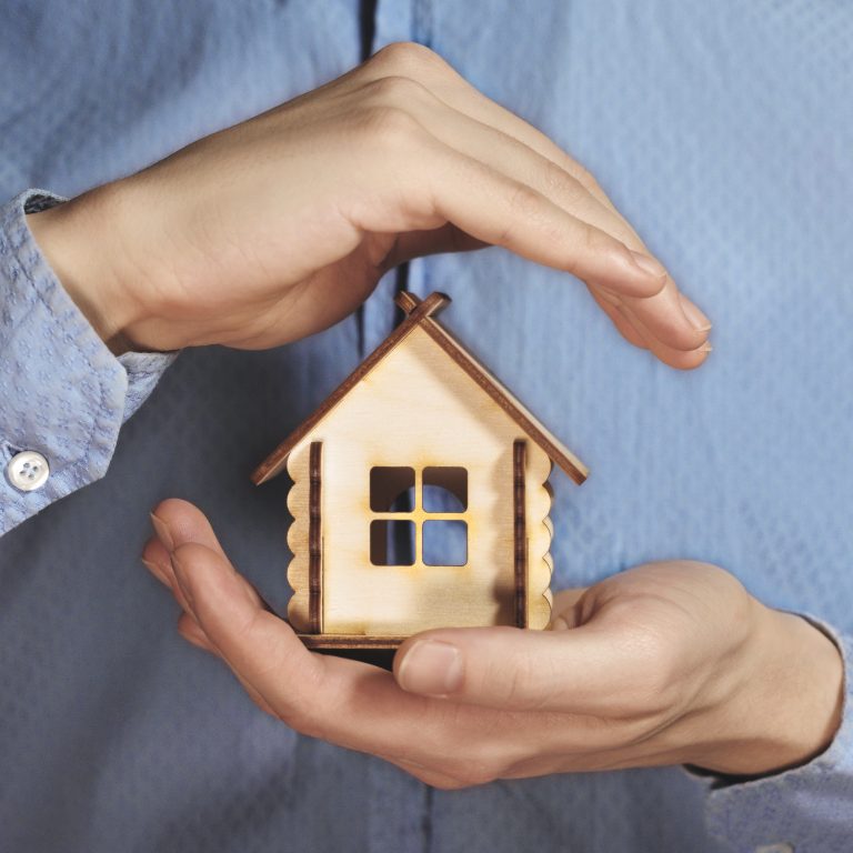 Hand holding a small house model representing title protection