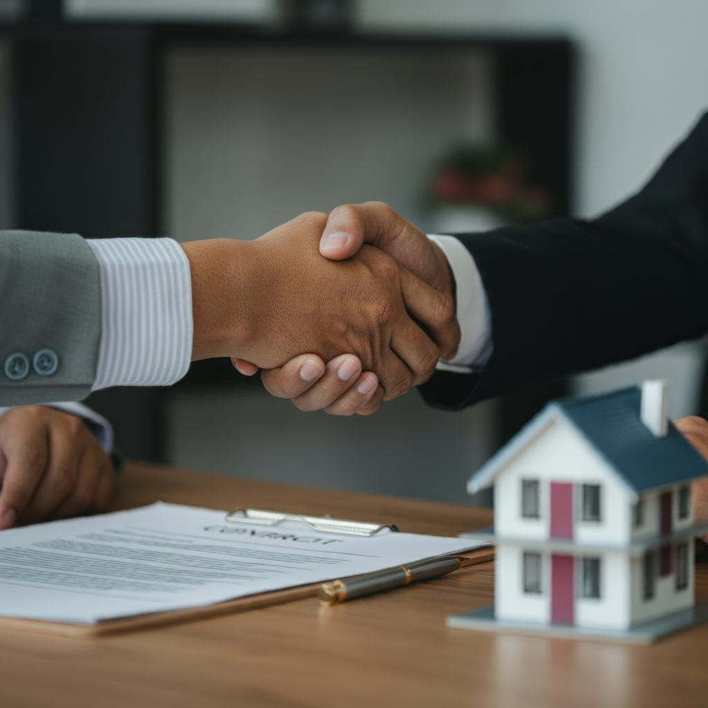 Real estate agreement handshake over a house model and documents